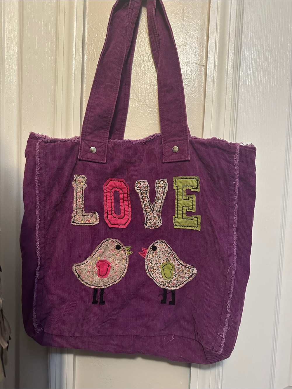Purple 'LOVE' Appliqué Tote Bag with Bird Motif